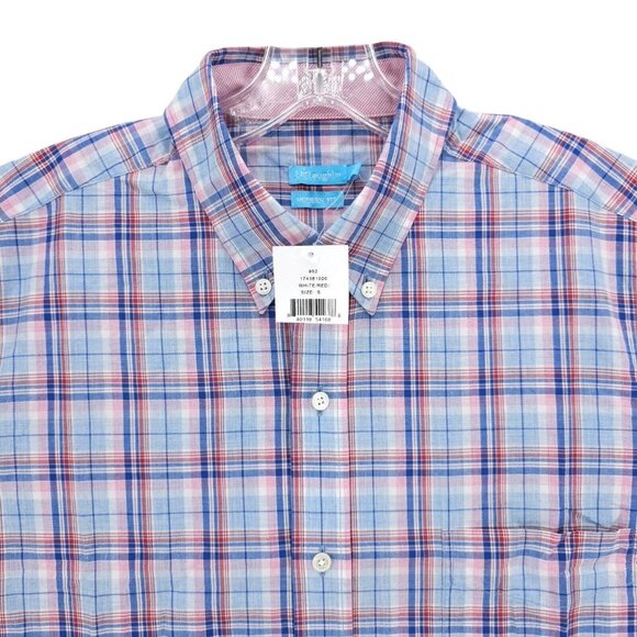 J. McLAUGHLIN Button Down Shirt Modern Fit Blue Red White Plaid Men's Size SMALL - Picture 1 of 10